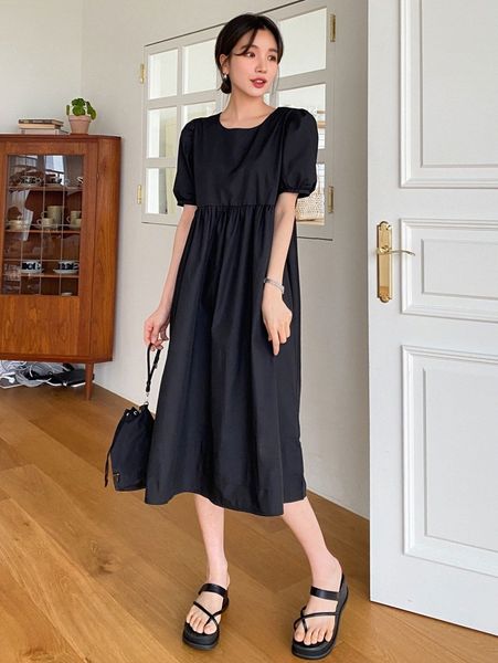 

dazy puff sleeve smock dress l15u#, Black;gray