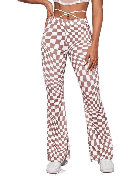 

checker print criss cross tie back pants a8mo#, Black;white