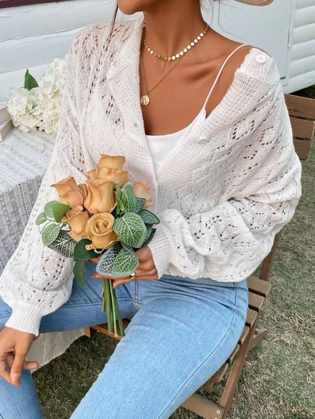 

pointelle knit drop shoulder cardigan a0vw#, White;black