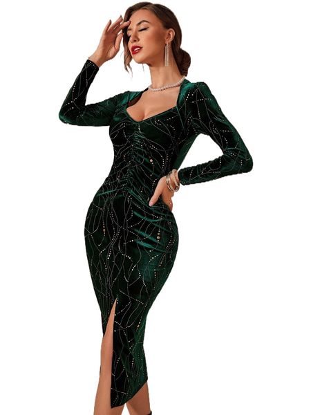 

sweetheart neck split thigh velvet dress v0pz#, Black;gray