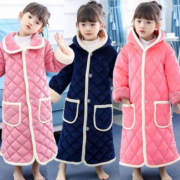 

rompers children's nightgown winter three-layer thickened flannel quilted pajamas bathrobes home clothes robe, Blue