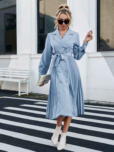 

simplee double breasted bishop sleeve pleated belted dress g1uw#, Black;gray