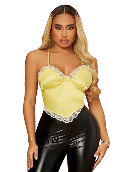 

sxy contrast lace criss cross backless satin crop l8kx#, White