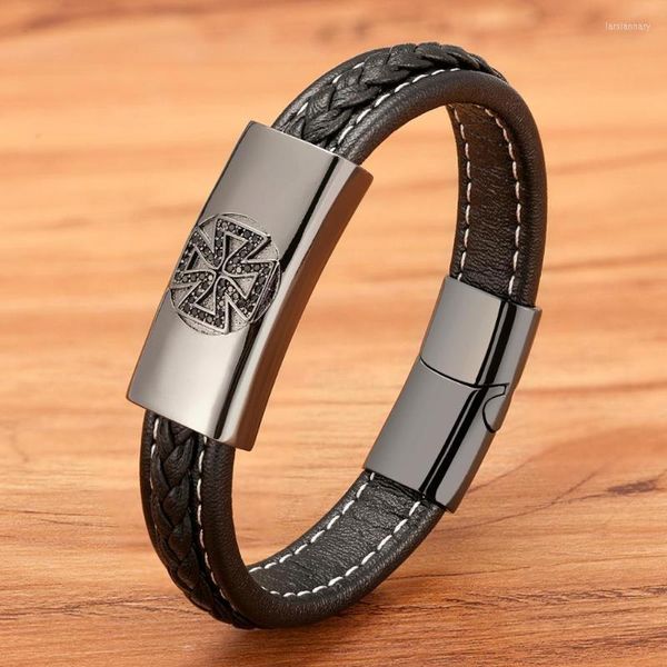 Bedelarmbanden Lucky Leaf Zwart Roestvrij staal Heren lederen armband Kubieke Zirkonia Sieraden Verrassing Verjaardagscadeau Voor FriendCharm La