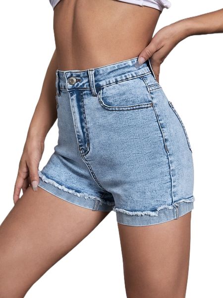 

high waist roll hem denim shorts w89o#, White;black