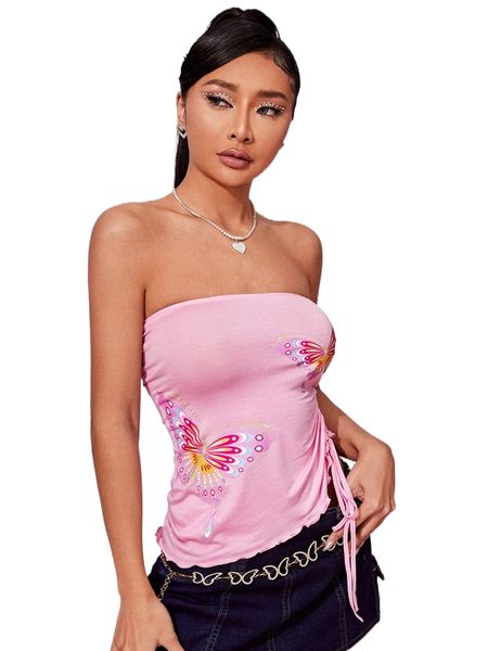 

butterfly print drawstring ruched tube 70vl#, White