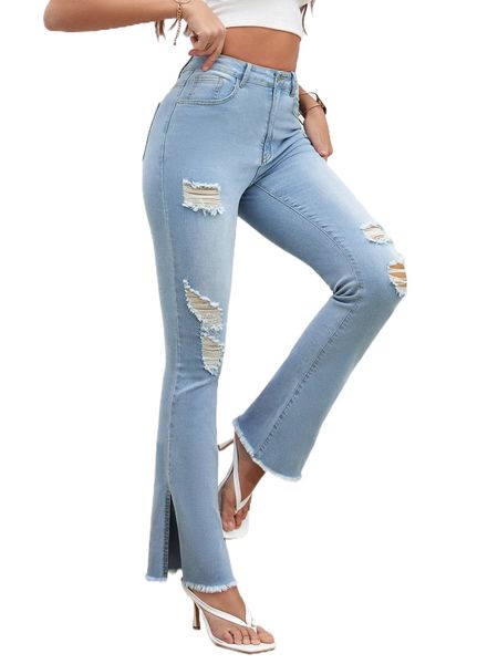 

ripped raw split hem jeans h4fy#, Blue