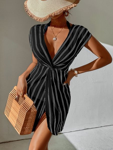

striped twist cover up h6pa#, White;black