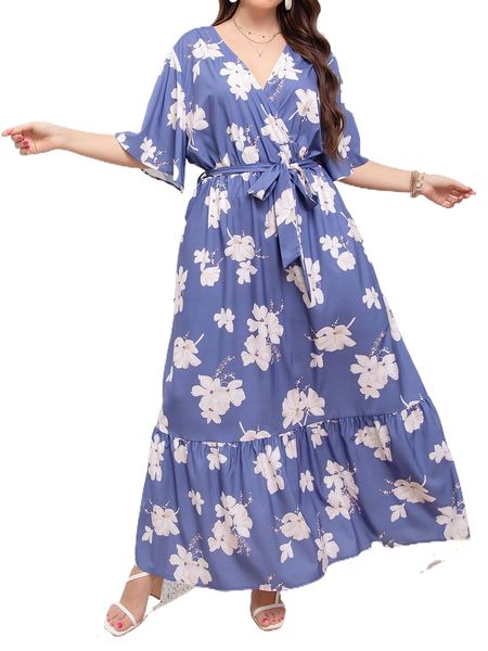 

plus floral print butterfly sleeve ruffle hem belted dress m8ht#, Black