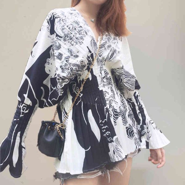 

women's blouses & shirts [ewq] autumn pleated waist v-neck printed shirt ins design sense horn sleeve long female 1 purple blusas 5wg9, White