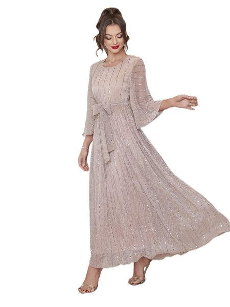 

flounce sleeve belted sequins dress q5nj#, Black;gray