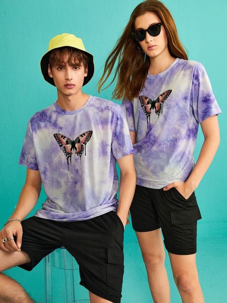 

1pc tie dye butterfly print tee z742#, White;black