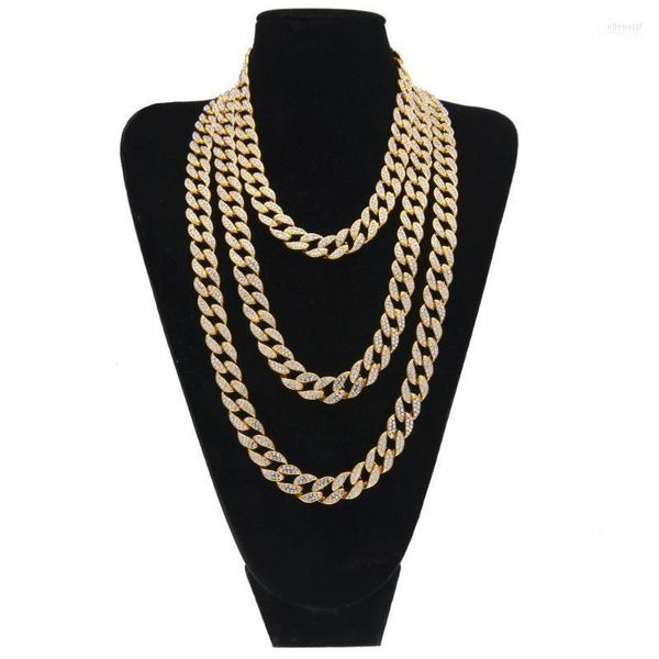 Ketten Iced Out Bling Strass Golden Finish Miami Cuban Link Kette Armband Halskette Set Herren Hip Hop 16-24 Zoll Elle22