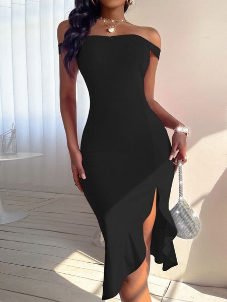 

sxy bardot split thigh ruffle hem bodycon dress w6da#, Black;gray