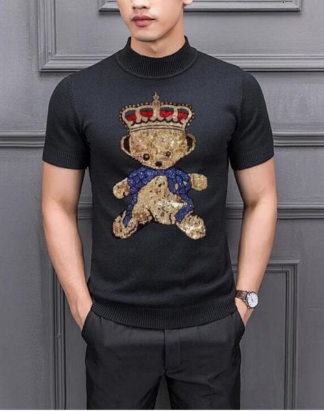 

lovely design rhinestone short sweater men's streetwear 2022 winter male short sleeves hip hop rhinestones, White;black