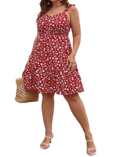 

plus ditsy floral ruffle hem cami dress s9sb#, Black