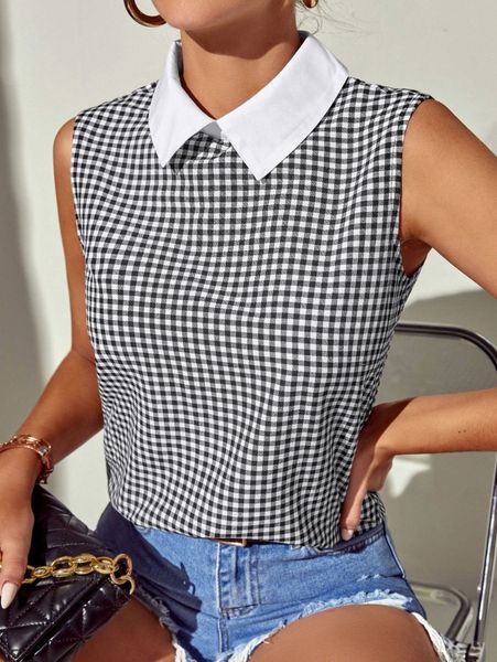 

gingham contrast collar sleeveless blouse n2il#, White