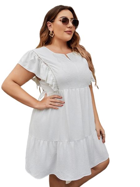 

plus notched neckline butterfly sleeve ruffle hem dress a1yi#, Black