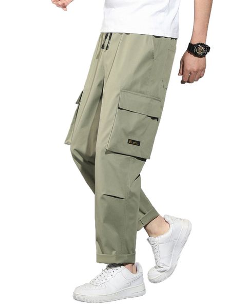 

men drawstring waist letter patch detail cargo pants b0d9#, Black