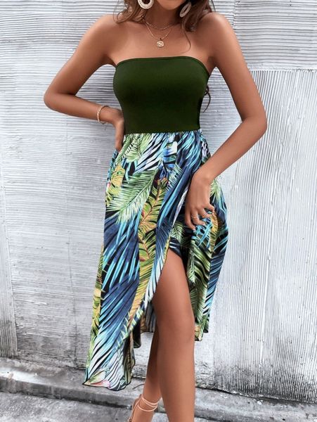 

tropical print wrap tube dress e7gv#, Black;gray