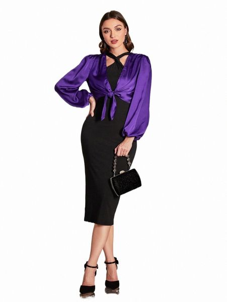 

tie front lantern sleeve & halter dress k87p#, White