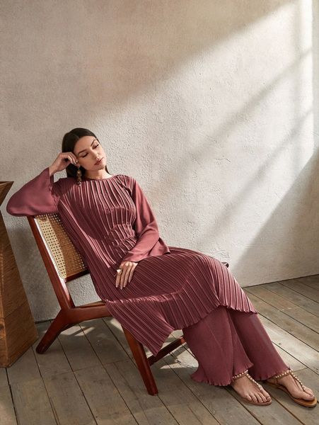 

solid lettuce trim dress & pants r2lg#, White