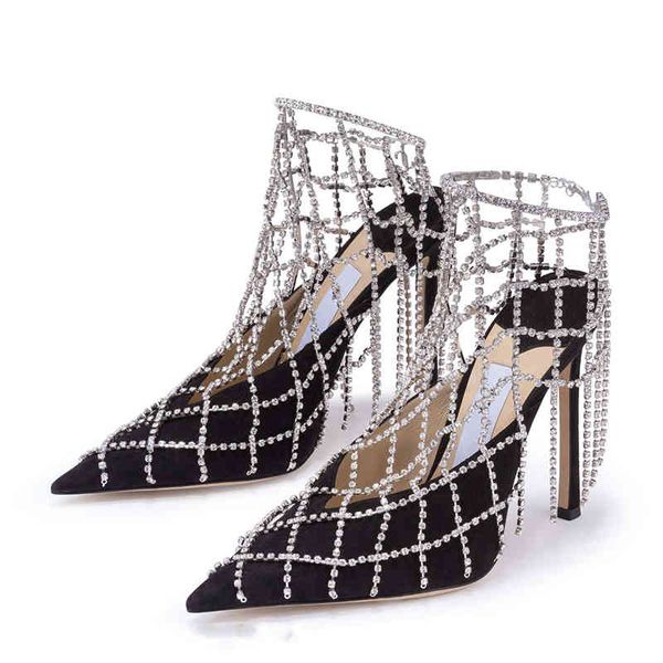 

sandals woman pointed toe high heels slingback stiletto evening mesh shoe special-shaped winding shiny full dril nc1d, Black