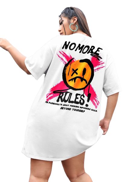 

plus drop shoulder cartoon and slogan graphic tee dress z7z2#, Black