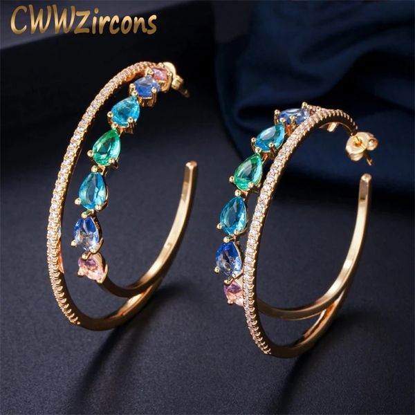 

cwwzircons double circle rainbow color cubic zirconia crystal big round gold hoop earrings for women statement jewelry cz562 220817, Golden;silver