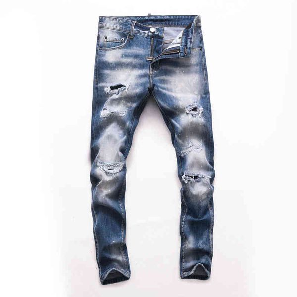 

men's jeans high street fashion brand personality small foot hole men's jeans slim fit and versatile casual trend pants 40xw, Blue