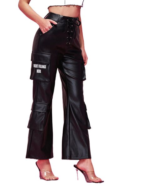 

x ropes letter graphic lace up flap pocket pu leather pants x2wl#, Black;white