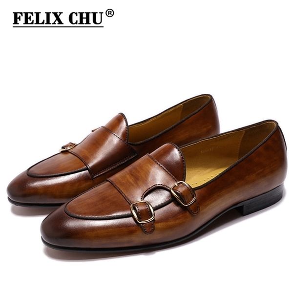 

felix chu genuine leather mens loafers handmade monk strap wedding party casual dress shoes summer autumn footwear for men 220727, Black