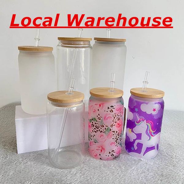 Local Warehouse 16oz Bicchieri da birra glassati trasparenti a sublimazione con coperchiPLASTIC Cannucce 500ml Bottiglie d'acqua vuote bianche Bicchieri da vino a trasferimento termico fai-da-te A12