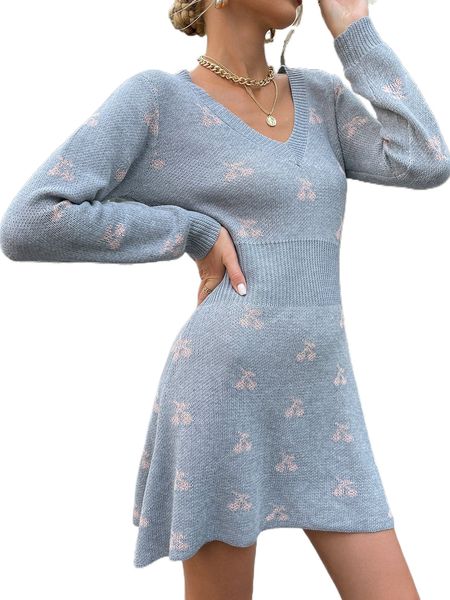 

cherry pattern ribbed knit sweater dress m1cj#, White;black