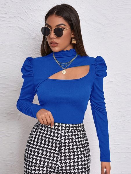 

asymmetrical neck leg-of-mutton sleeve slim tee f4vq#, White