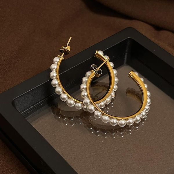 

hoop & huggie half pearl post earrings for women, stainless steel hoops ear mother wife gift, Golden;silver
