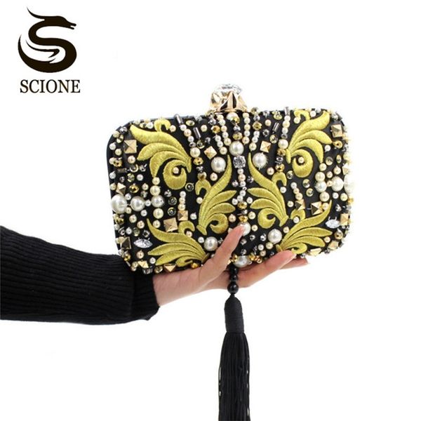

luxury pearl beads diamonds gold embroidery clutch bag black tassels crystal evening bag bridal wedding handbag with chain y636 220520