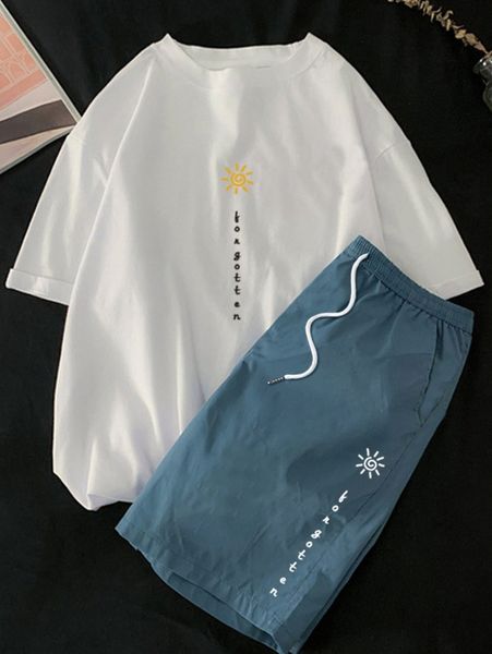 

men sun & letter graphic tee & shorts 26p3#, Gray