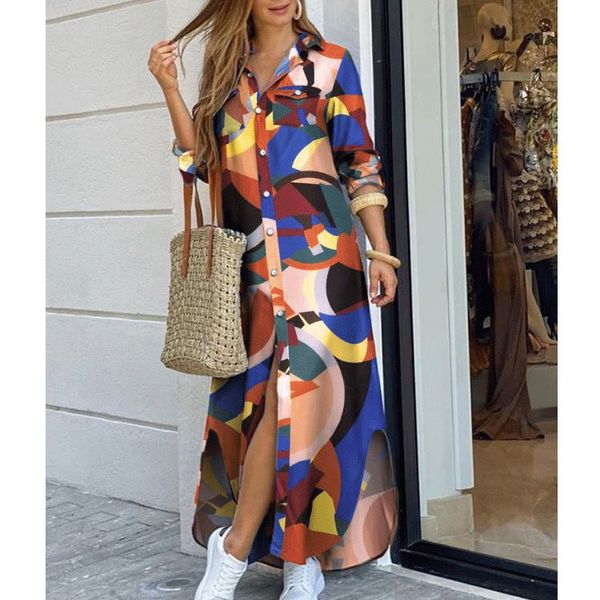 

2022 autumn maxi dresses for women womens button down long shirt dress chain print lapel neck party dress casual long sleeve oversized, Black;gray