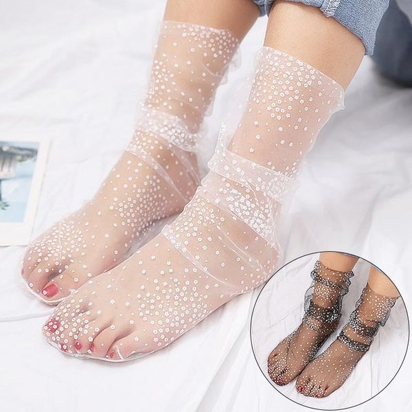 Socken Strumpfwaren Sommer Dot Tüll Frauen Atmungsaktive Transparente Dünne Weibliche Mesh Schwarz Weiß Spitze Lustige Kleid Sheer SockSocks