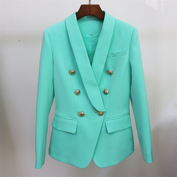 

high street 2020 fashion designer jacket women s slim fit double breasted lion buttons shawl collar blazer mint green lj201021, White;black