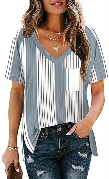 

& tees womens short sleeve v neck summer with pocket side split t-shirts loose fit, White