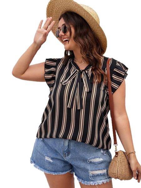 

plus striped tie neck blouse m3fn#, Black