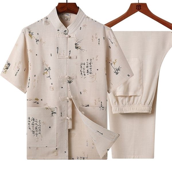 Klassische Männer Stickerei Wushu Kleidung Vintage Kurzarm Taichi Uniform Sommer Baumwolle Männlichen Tang-anzug Kausalen Drachen Hemd 3XL 220621