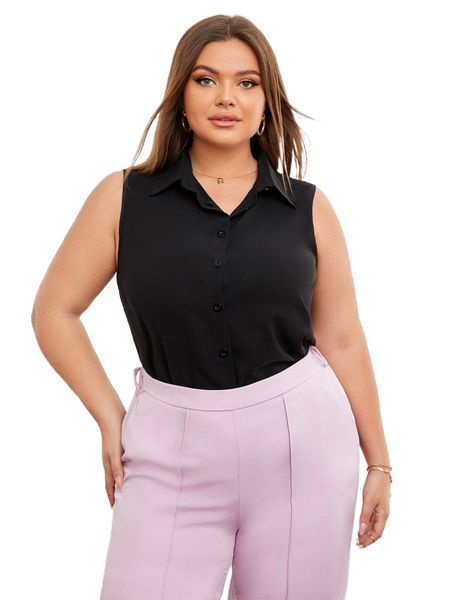 

emery rose plus solid button front blouse v8w2#, Black