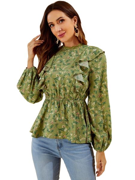 

allover floral print lace trim keyhole back peplum j6a8#, White