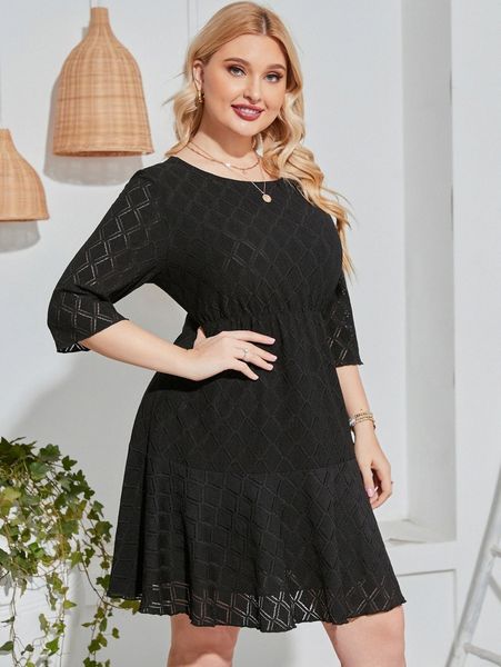 

plus solid lace a-line dress v4mk#, Black