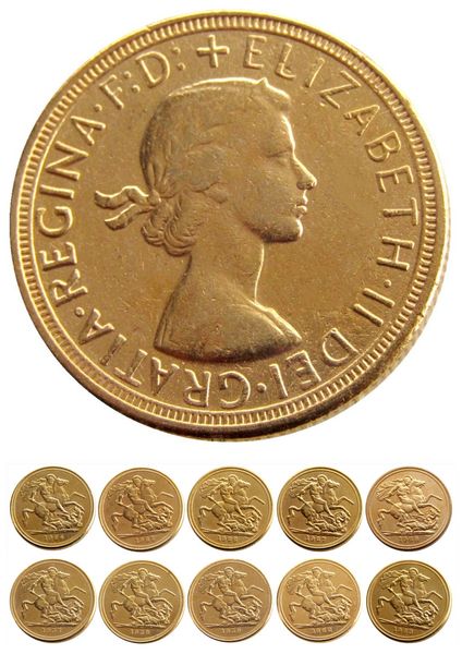 

uk a set of(1957-1968) 10pcs craft regina fd elizabeth ii dei gratia gold plated 1 sovereign (1lsd) copy coins promotion factory price nice