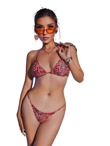 

allover print halter bikini swimsuit l14y#, White;black