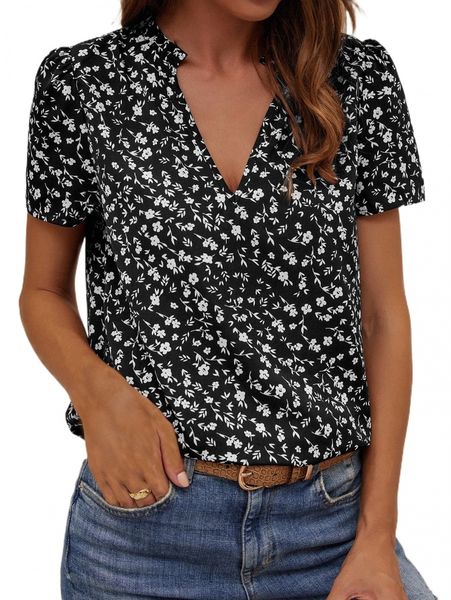 

ditsy floral puff sleeve notch neck blouse x0uu#, White